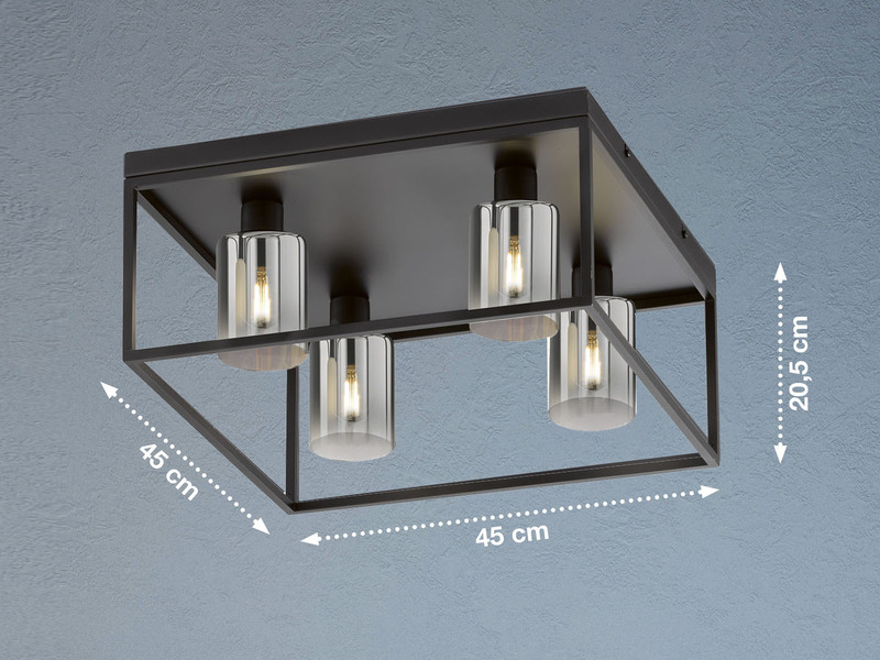 LED Deckenleuchte 4-flammig Schwarz mit Rauchglas, Quadrat 45cm
