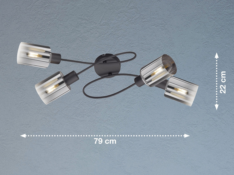 LED Deckenleuchte 4-flammig Schwarz mit Rauchglas, Breite 79cm