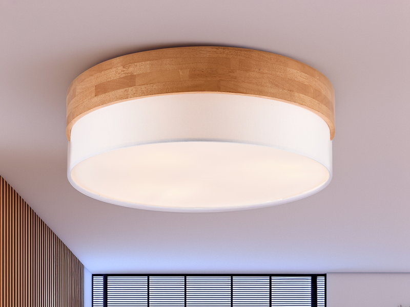 Große Deckenleuchte SEASONS Holzlampe mit Stoffschirm Weiß, Ø 50cm