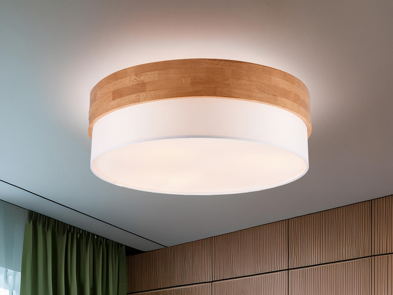 Große Deckenleuchte SEASONS Holzlampe mit Stoffschirm Weiß, Ø 50cm