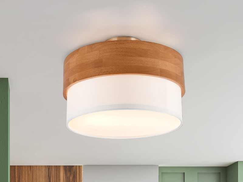 LED Deckenleuchte, Holzlampe mit Stoffschirm Weiß Ø 30cm