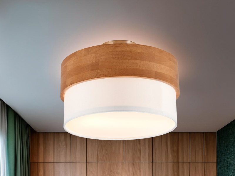 LED Deckenleuchte, Holzlampe mit Stoffschirm Weiß Ø 30cm