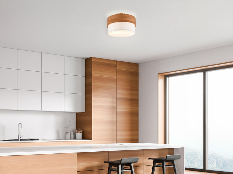Deckenleuchte mit Holz & Stoffschirm Weiß Ø 30cm inkl. E14 LED