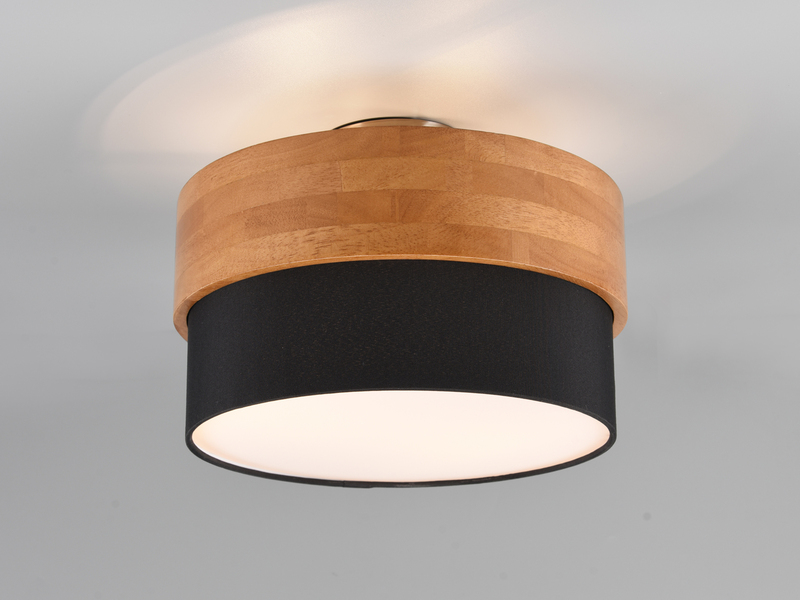 LED Deckenleuchte, Holzlampe mit Stoffschirm Schwarz Ø 30cm