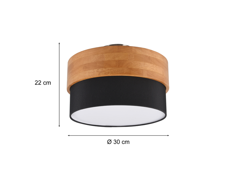 LED Deckenleuchte, Holzlampe mit Stoffschirm Schwarz Ø 30cm