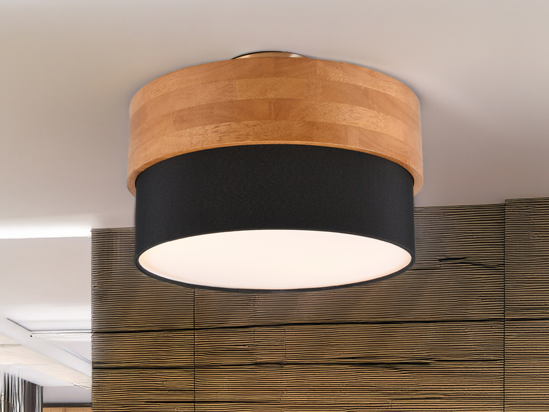 LED Deckenleuchte, Holzlampe mit Stoffschirm Schwarz Ø 30cm