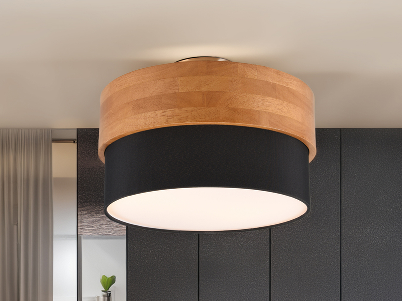 LED Deckenleuchte, Holzlampe mit Stoffschirm Schwarz Ø 30cm