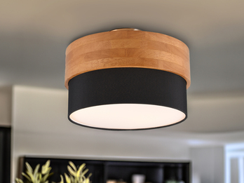 Deckenleuchte mit Holz & Stoffschirm Schwarz Ø 30cm inkl. E14 LED