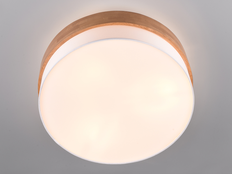 LED Deckenleuchte, Holzlampe mit Stoffschirm Weiß Ø 50cm