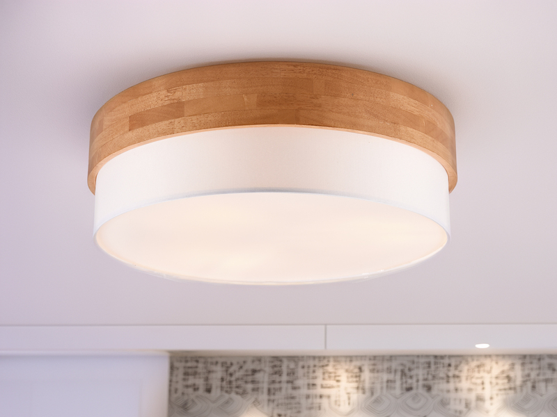 LED Deckenleuchte, Holzlampe mit Stoffschirm Weiß Ø 50cm