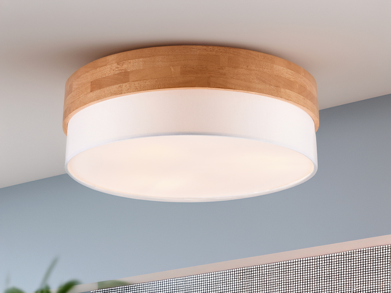 LED Deckenleuchte, Holzlampe mit Stoffschirm Weiß Ø 50cm