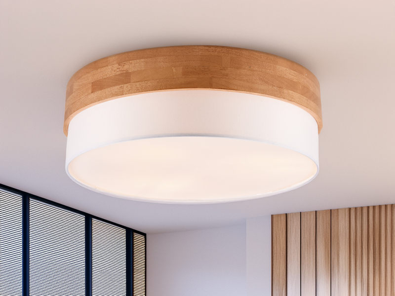 LED Deckenleuchte, Holzlampe mit Stoffschirm Weiß Ø 50cm