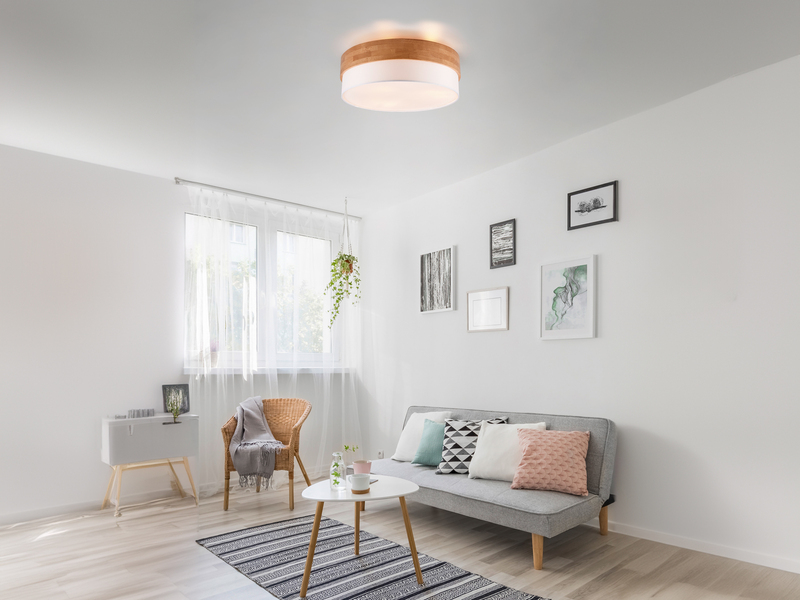 Große Deckenleuchte mit Holz & Stoffschirm Weiß Ø 50cm inkl. E27 LED