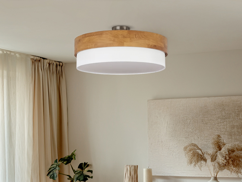 Große Deckenleuchte mit Holz & Stoffschirm Weiß Ø 50cm inkl. E27 LED
