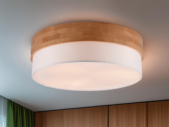 Große Deckenleuchte mit Holz & Stoffschirm Weiß Ø 50cm inkl. E27 LED