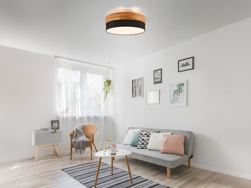 Große Deckenleuchte mit Holz & Stoffschirm Schwarz Ø 50cm inkl. E27 LED