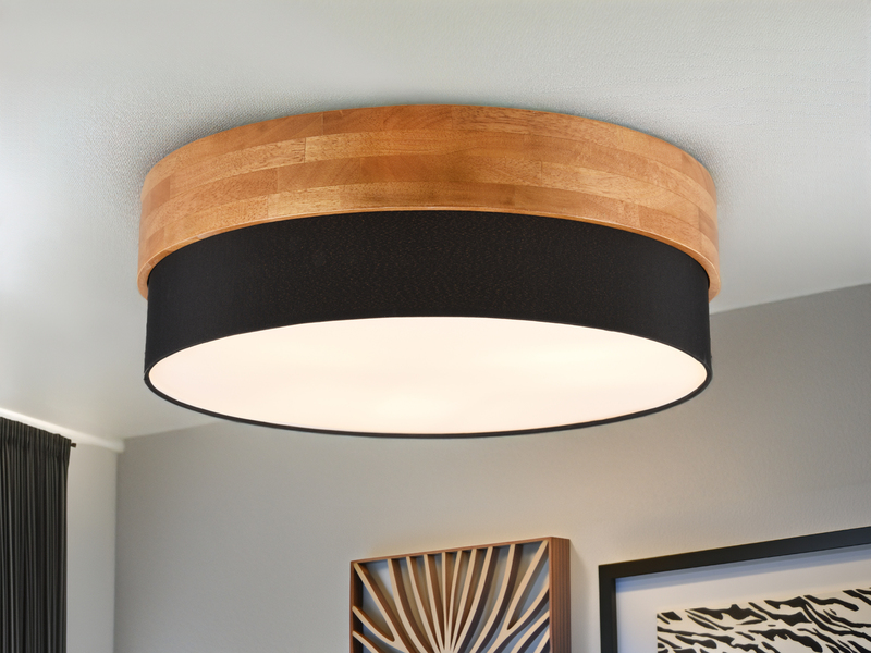 LED Deckenleuchte, Holzlampe mit Stoffschirm Schwarz Ø 50cm