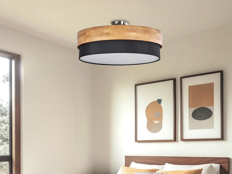 Große Deckenleuchte mit Holz & Stoffschirm Schwarz Ø 50cm inkl. E27 LED