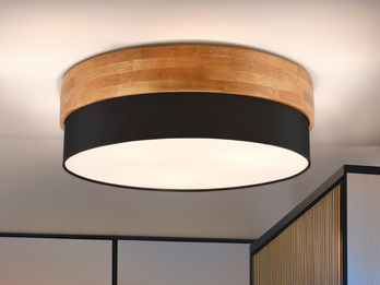 Große Deckenleuchte mit Holz & Stoffschirm Schwarz Ø 50cm inkl. E27 LED
