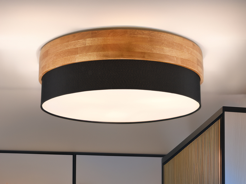 Große Deckenleuchte mit Holz & Stoffschirm Schwarz Ø 50cm inkl. E27 LED