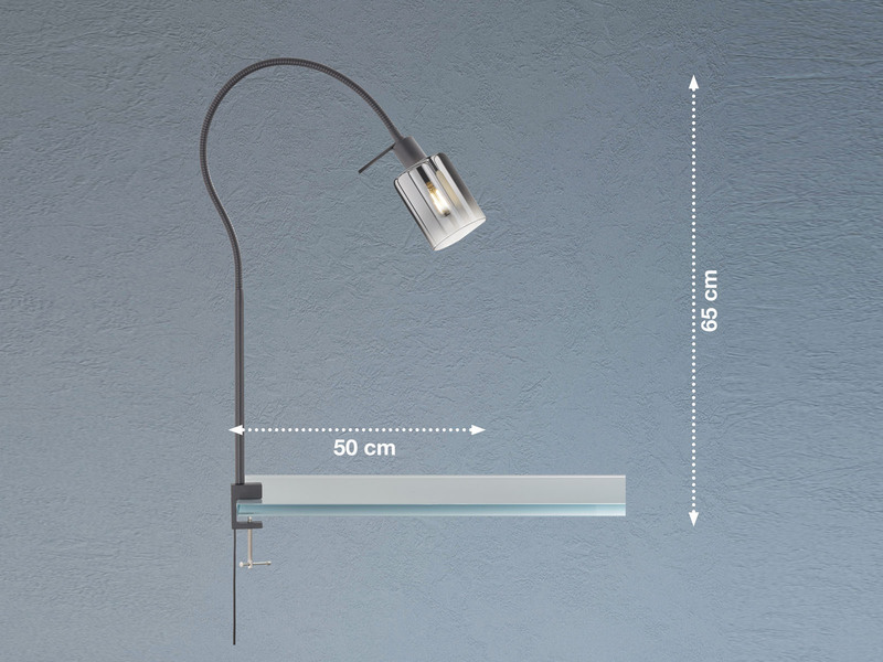 LED Klemmlampe  Rauchglas Schwarz, Schwanenhals Leselampe, Breite 8,5cm