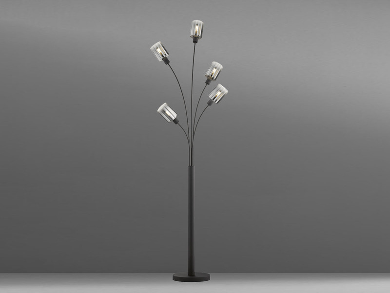 LED Stehlampe 5flammig Schwarz mit Rauchglas - Höhe 171,5cm