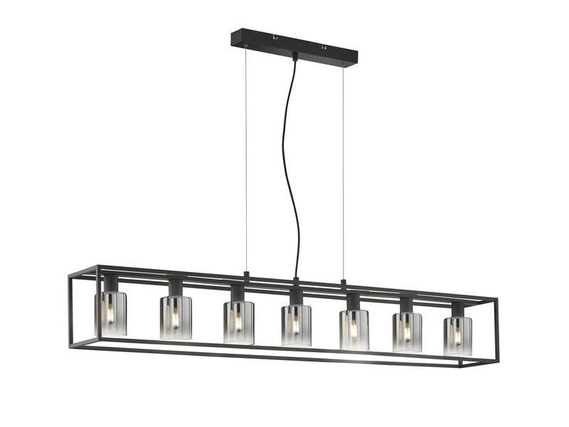 LED Pendelleuchte 7-flammig Schwarz lang mit Rauchglas, Breite 130cm