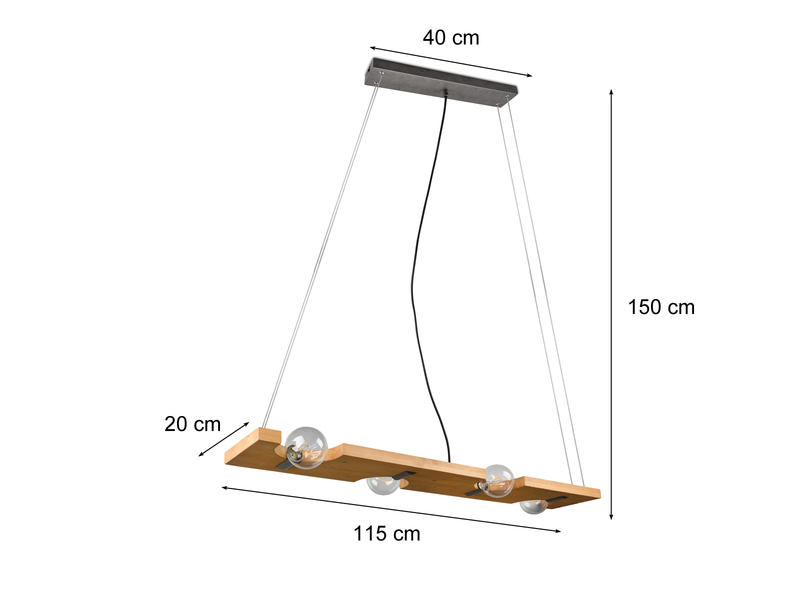 LED Balken Pendelleuchte 4 flammig Holzbrett naturbelassen, Breite 115cm