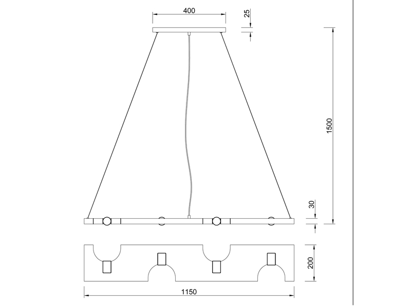 LED Balken Pendelleuchte 4 flammig Holzbrett naturbelassen, Breite 115cm