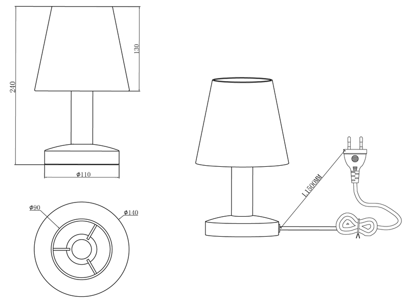 Tischlampe MATS II Stoff Lampenschirm Weiß mit Touchfunktion EIN/AUS 24 cm