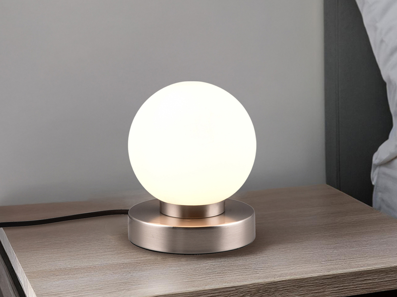 Kleine Touch Tischlampe PRINZ II Silber mit Glas Kugel Weiß, Höhe 15cm