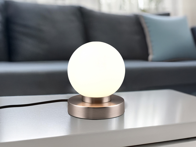 Kleine Touch Tischlampe PRINZ II Silber mit Glas Kugel Weiß, Höhe 15cm