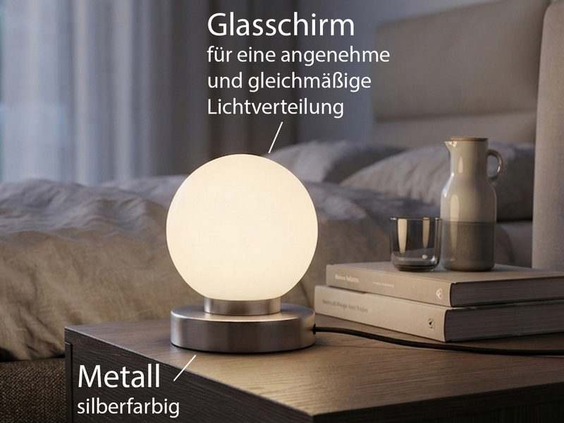 Kleine Touch Tischlampe PRINZ II Silber mit Glas Kugel Weiß, Höhe 15cm