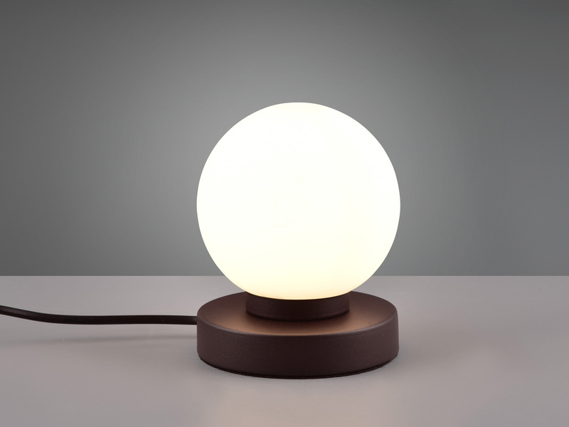Kleine Touch Tischlampe PRINZ II Rostoptik mit Glas Kugel Weiß, Höhe 15cm