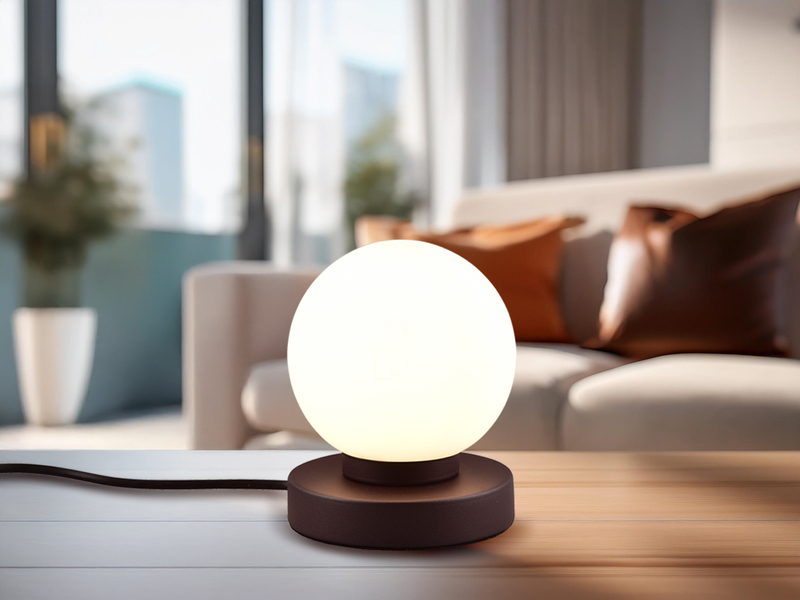 Kleine Touch Tischlampe PRINZ II Rostoptik mit Glas Kugel Weiß, Höhe 15cm