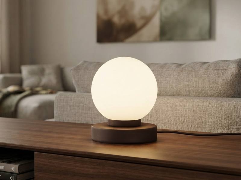 Kleine Touch Tischlampe PRINZ II Rostoptik mit Glas Kugel Weiß, Höhe 15cm