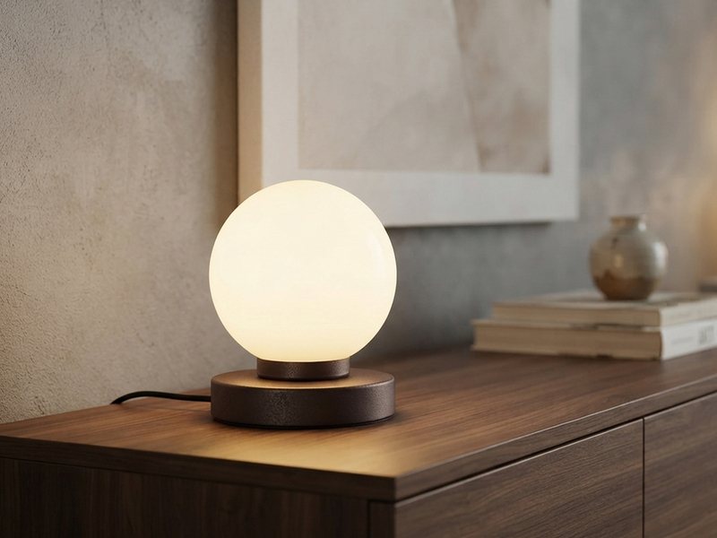 Kleine Touch Tischlampe PRINZ II Rostoptik mit Glas Kugel Weiß, Höhe 15cm