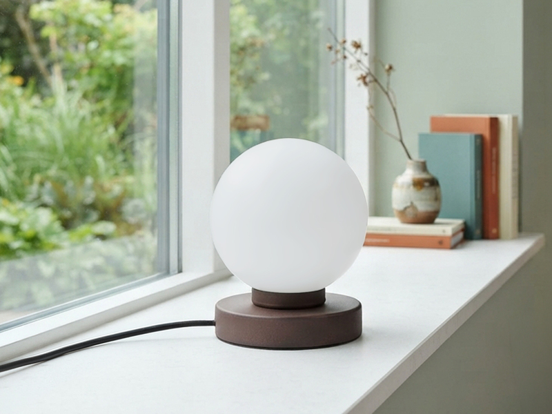 Kleine Touch Tischlampe PRINZ II Rostoptik mit Glas Kugel Weiß, Höhe 15cm