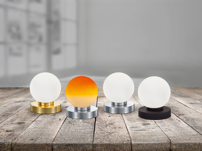 Kleine Touch Tischlampe PRINZ II Silber mit Glas Kugel Orange, Höhe 15cm