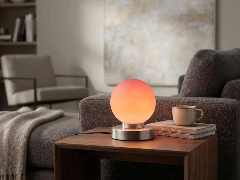 Kleine Touch Tischlampe PRINZ II Silber mit Glas Kugel Orange, Höhe 15cm