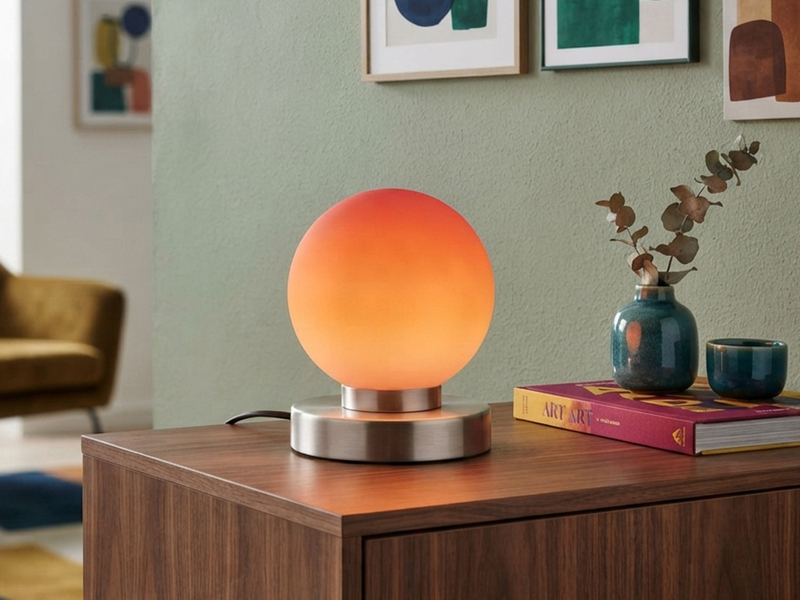 Kleine Touch Tischlampe PRINZ II Silber mit Glas Kugel Orange, Höhe 15cm