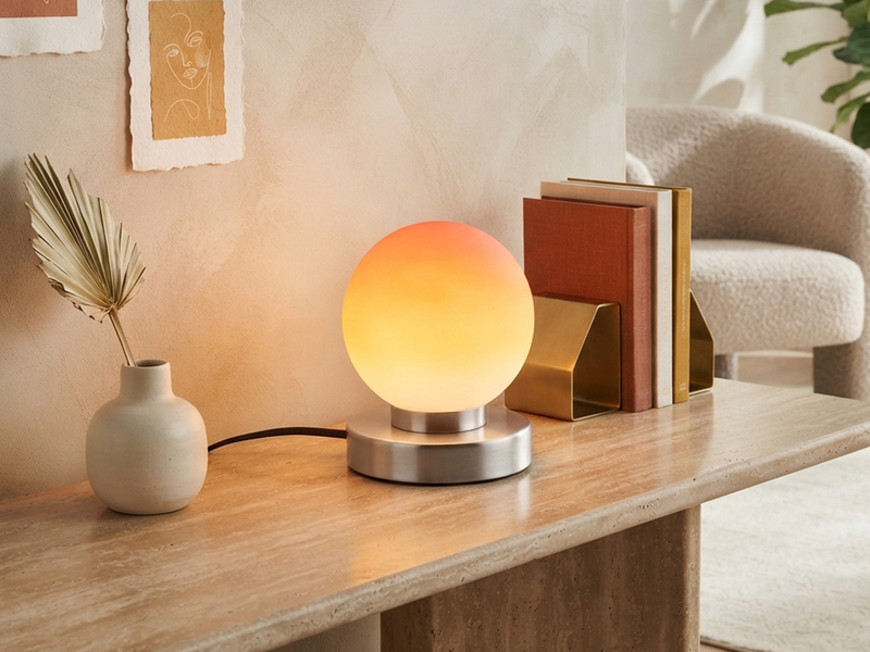 Kleine Touch Tischlampe PRINZ II Silber mit Glas Kugel Orange, Höhe 15cm