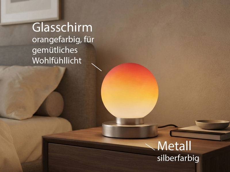Kleine Touch Tischlampe PRINZ II Silber mit Glas Kugel Orange, Höhe 15cm