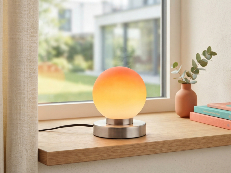 Kleine Touch Tischlampe PRINZ II Silber mit Glas Kugel Orange, Höhe 15cm