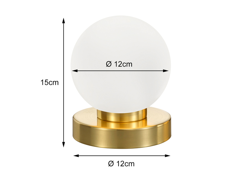 Kleine Touch Tischlampe PRINZ II Messing mit Glas Kugel Weiß, Höhe 15cm