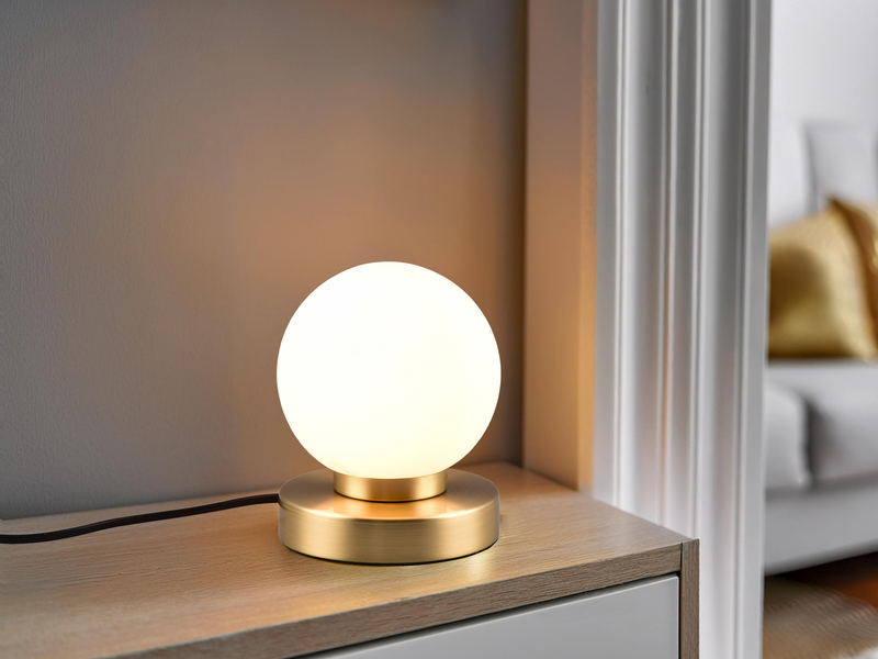 Kleine Touch Tischlampe PRINZ II Messing mit Glas Kugel Weiß, Höhe 15cm