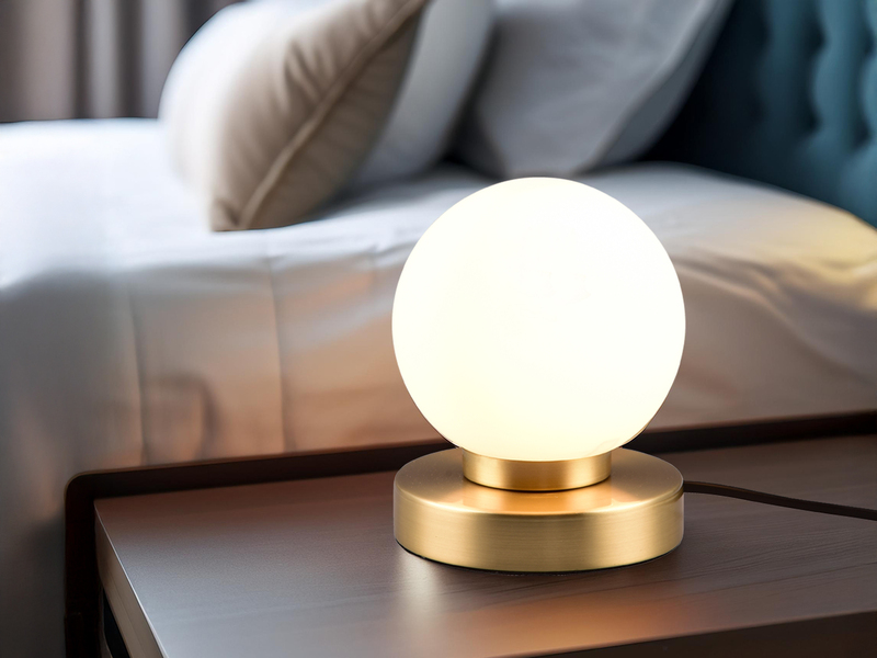 Kleine Touch Tischlampe PRINZ II Messing mit Glas Kugel Weiß, Höhe 15cm