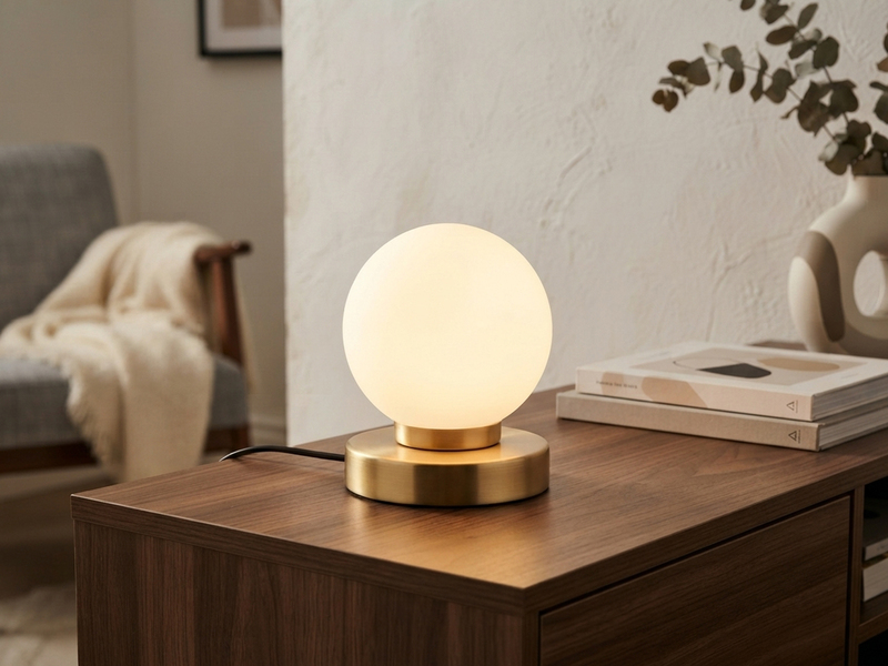Kleine Touch Tischlampe PRINZ II Messing mit Glas Kugel Weiß, Höhe 15cm