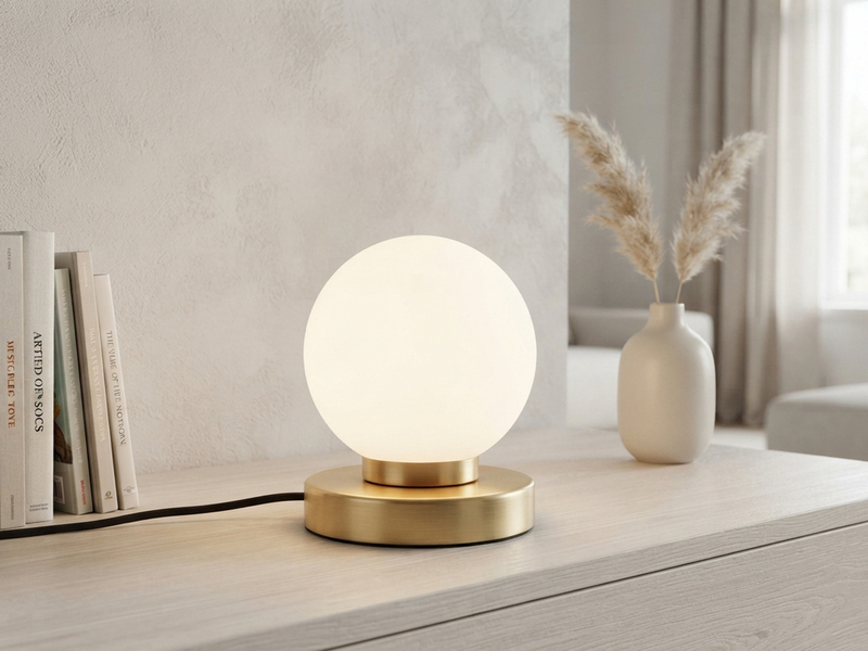 Kleine Touch Tischlampe PRINZ II Messing mit Glas Kugel Weiß, Höhe 15cm