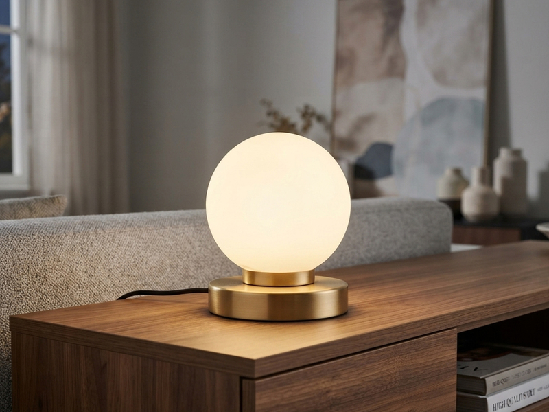 Kleine Touch Tischlampe PRINZ II Messing mit Glas Kugel Weiß, Höhe 15cm